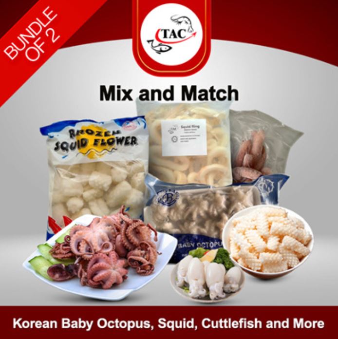 [Bundle Of 2] Mix and Match- Baby Octopus (300g) / Baby Squid (500g) / Cuttlefish (500g) / Tentacles (500g)/ Sotong Flower(1kg)/ Squid Ring(1kg)